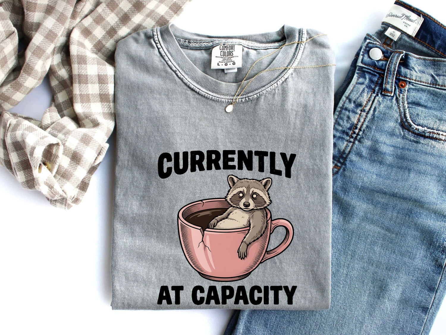 Raccoon Coffee Cup Shirt Funny Pet Gift Women Comic Tee Coffee Mug T-Shirt Humor Fan Cartoon Tshirt Animal Graphic Retro Broken Mug Tshirt