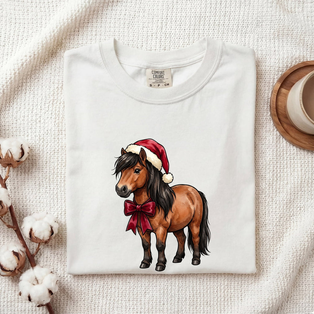 Horse Holiday Hat Shirt Christmas Pet Gift Women Illustration Tee Equine T-Shirt Xmas Fan Pony Graphic Animal Design Line Art Holiday Ribbon