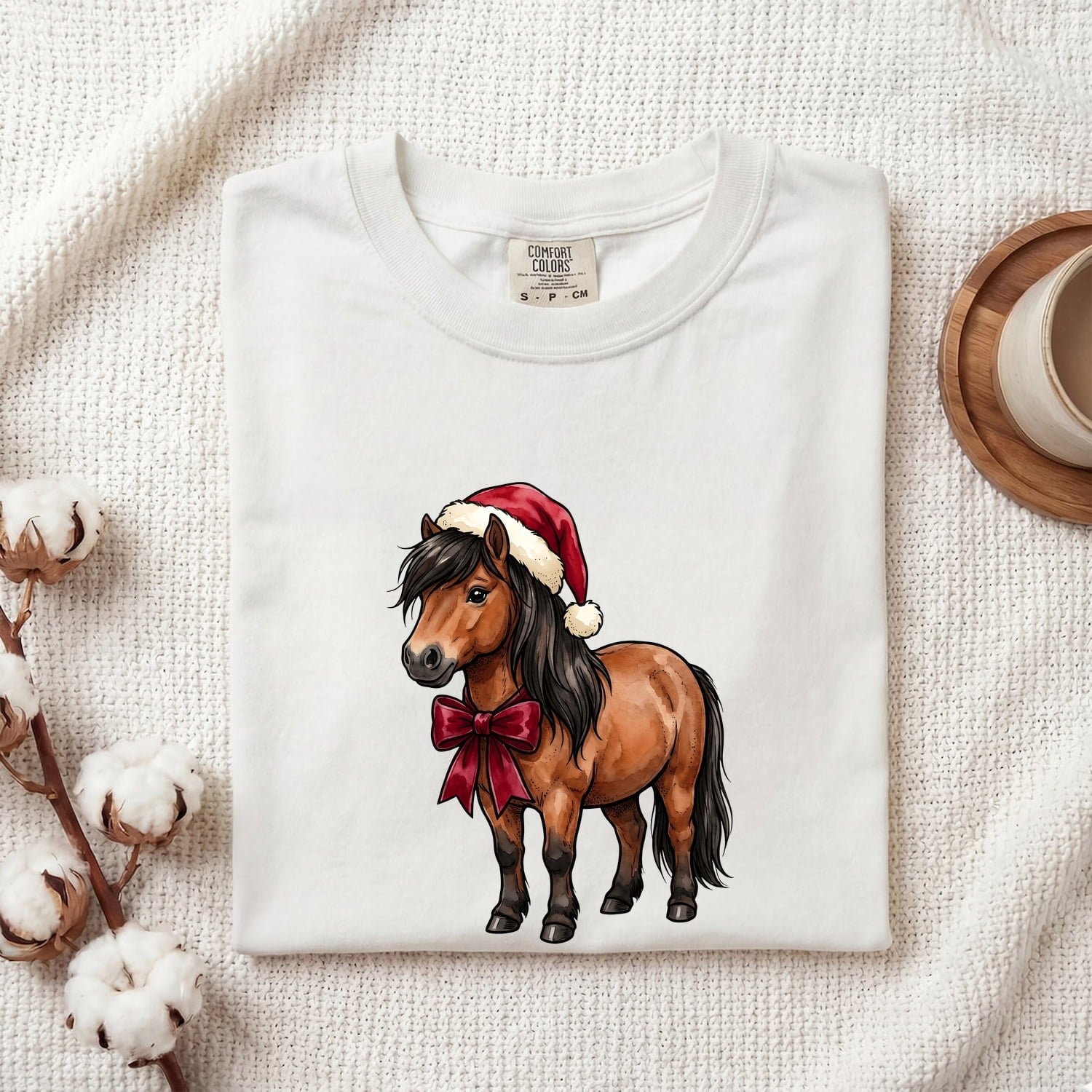 Horse Holiday Hat Shirt Christmas Pet Gift Women Illustration Tee Equine T-Shirt Xmas Fan Pony Graphic Animal Design Line Art Holiday Ribbon