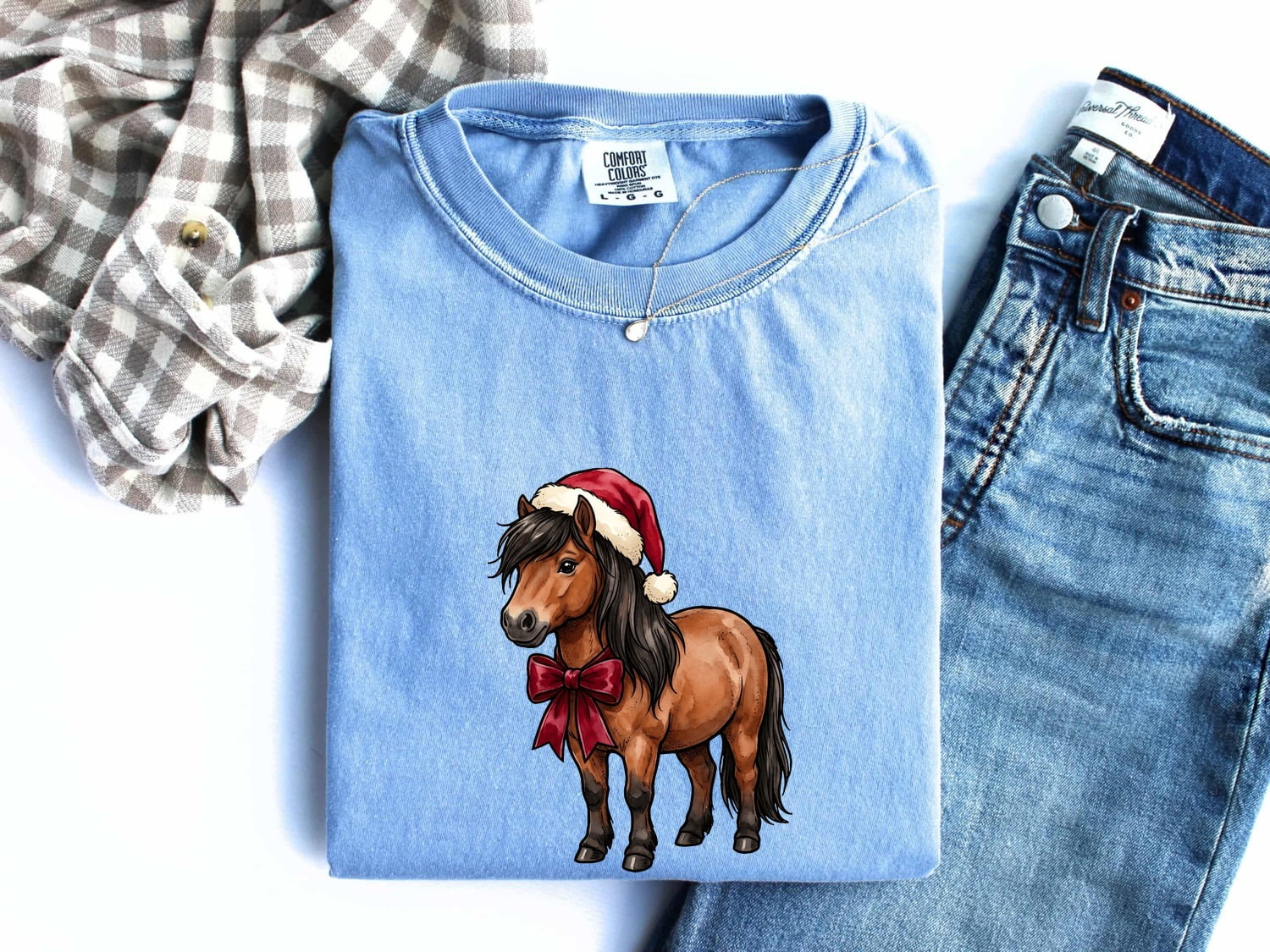 Horse Holiday Hat Shirt Christmas Pet Gift Women Illustration Tee Equine T-Shirt Xmas Fan Pony Graphic Animal Design Line Art Holiday Ribbon