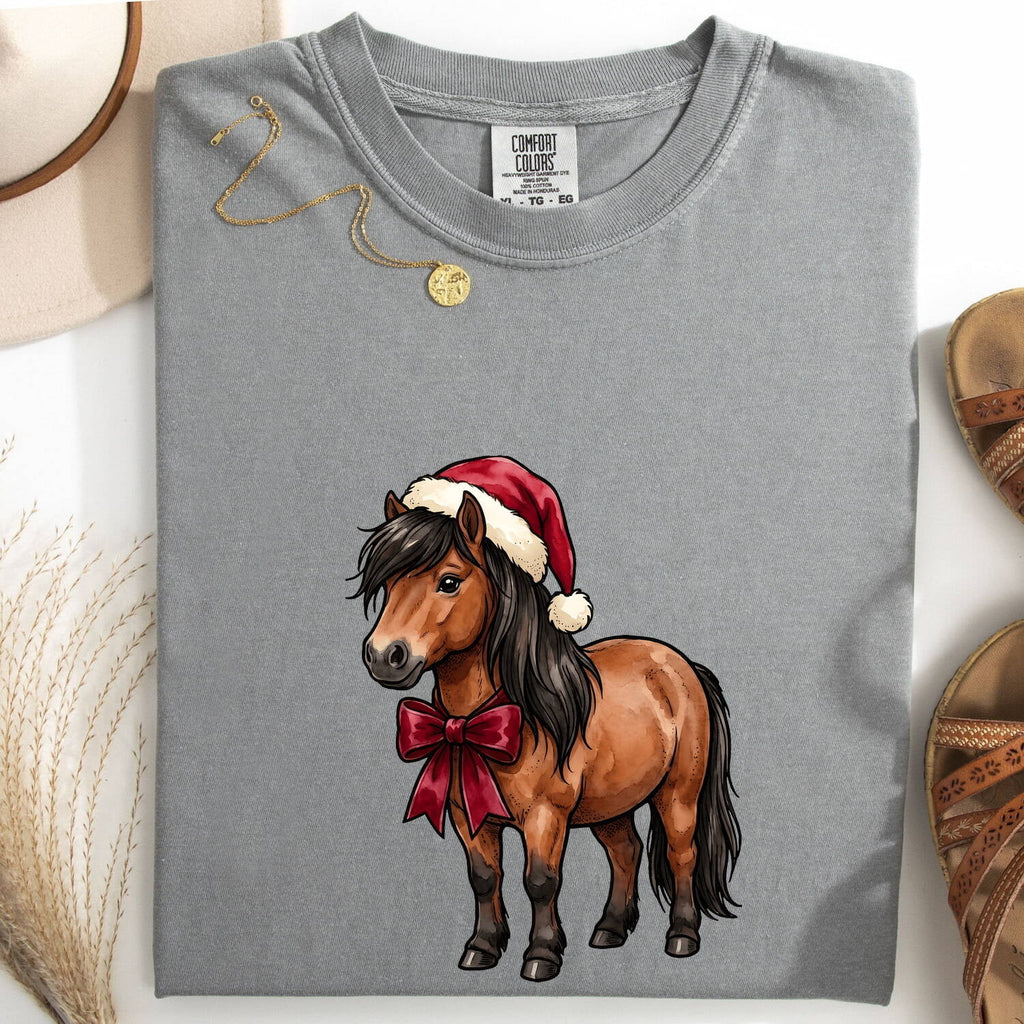 Horse Holiday Hat Shirt Christmas Pet Gift Women Illustration Tee Equine T-Shirt Xmas Fan Pony Graphic Animal Design Line Art Holiday Ribbon