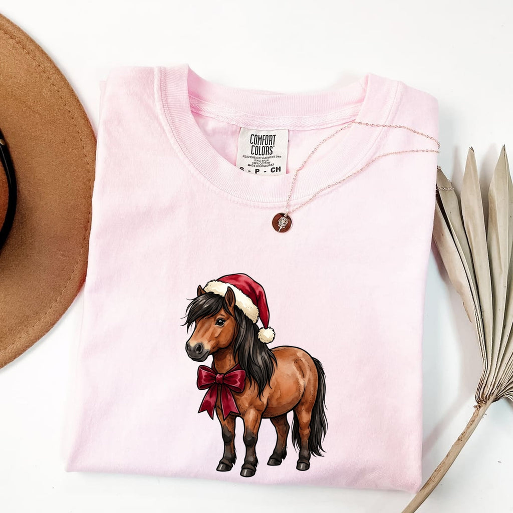Horse Holiday Hat Shirt Christmas Pet Gift Women Illustration Tee Equine T-Shirt Xmas Fan Pony Graphic Animal Design Line Art Holiday Ribbon