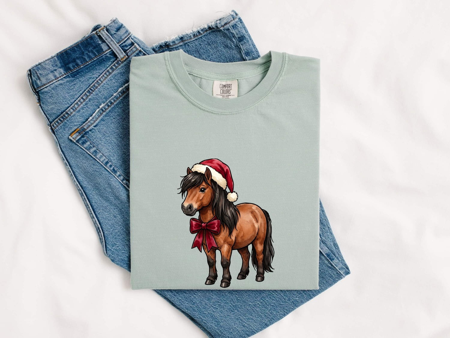 Horse Holiday Hat Shirt Christmas Pet Gift Women Illustration Tee Equine T-Shirt Xmas Fan Pony Graphic Animal Design Line Art Holiday Ribbon