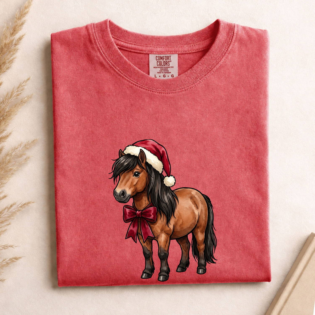 Horse Holiday Hat Shirt Christmas Pet Gift Women Illustration Tee Equine T-Shirt Xmas Fan Pony Graphic Animal Design Line Art Holiday Ribbon
