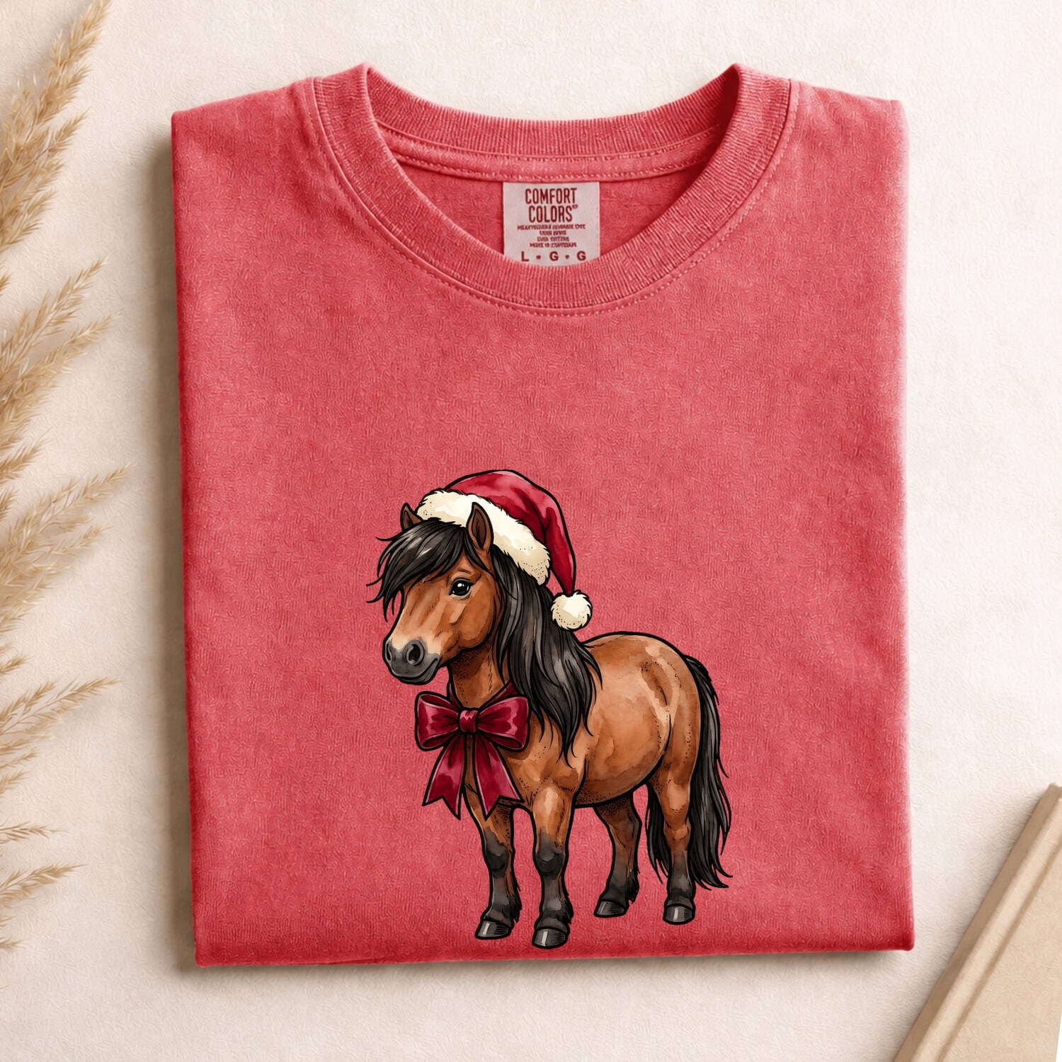 Horse Holiday Hat Shirt Christmas Pet Gift Women Illustration Tee Equine T-Shirt Xmas Fan Pony Graphic Animal Design Line Art Holiday Ribbon
