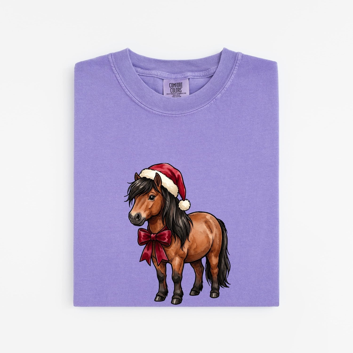 Horse Holiday Hat Shirt Christmas Pet Gift Women Illustration Tee Equine T-Shirt Xmas Fan Pony Graphic Animal Design Line Art Holiday Ribbon