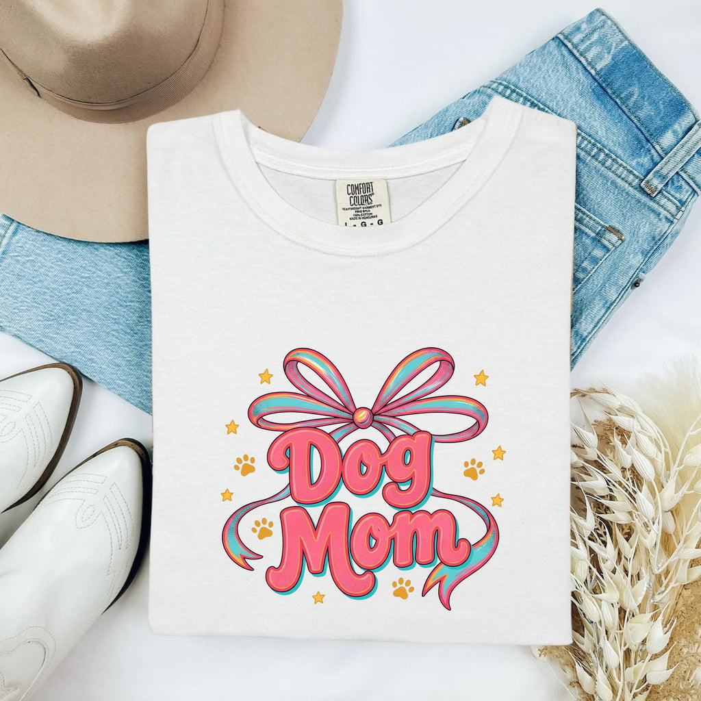 Bow Graphic Shirt Dog Mom Pet Gift Women Colorful Tee Graphic T-Shirt Dog Fan Vibrant Tshirt Animal Design Retro Paw Print Tshirt