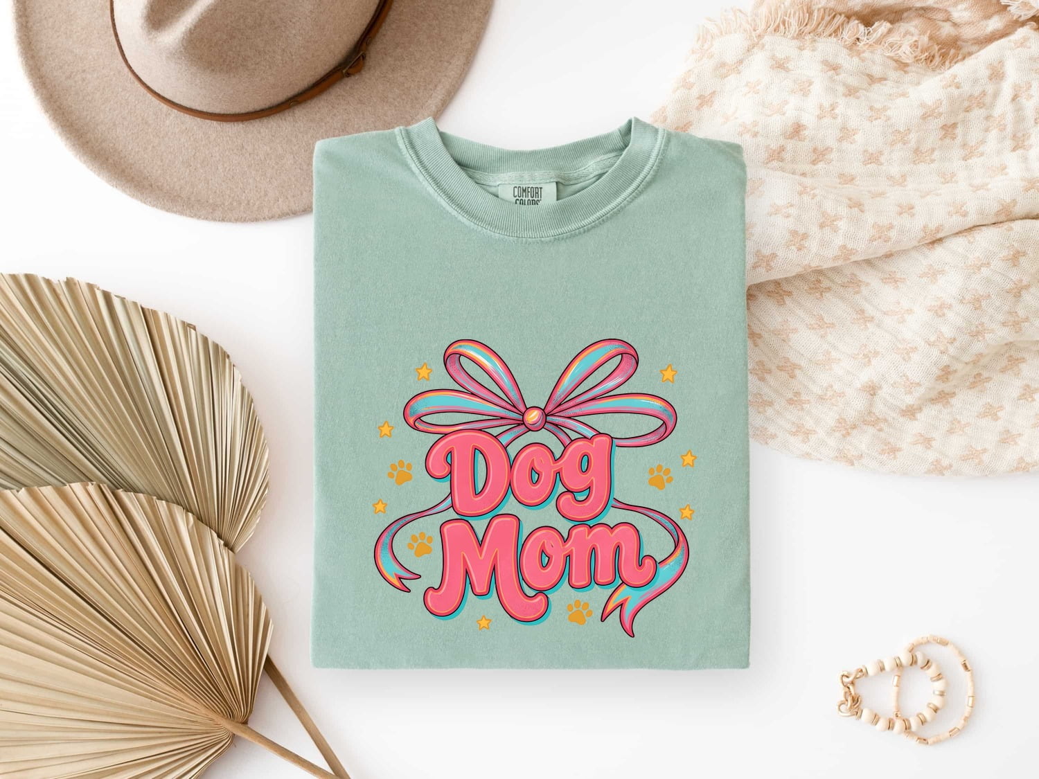 Bow Graphic Shirt Dog Mom Pet Gift Women Colorful Tee Graphic T-Shirt Dog Fan Vibrant Tshirt Animal Design Retro Paw Print Tshirt