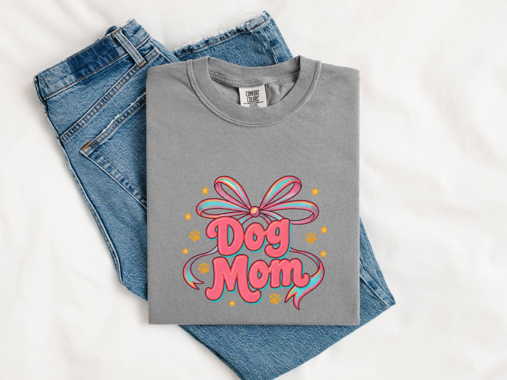 Bow Graphic Shirt Dog Mom Pet Gift Women Colorful Tee Graphic T-Shirt Dog Fan Vibrant Tshirt Animal Design Retro Paw Print Tshirt
