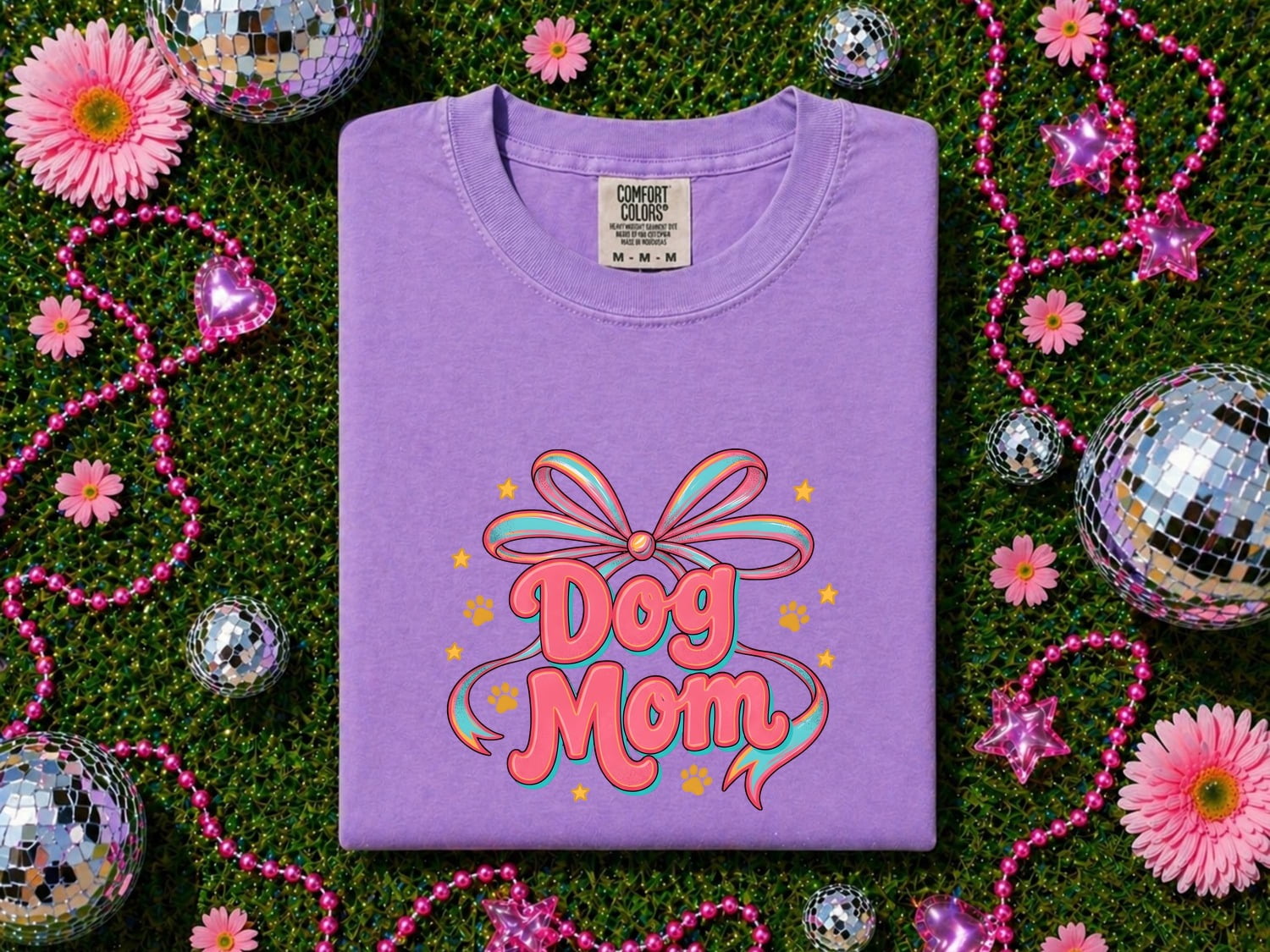 Bow Graphic Shirt Dog Mom Pet Gift Women Colorful Tee Graphic T-Shirt Dog Fan Vibrant Tshirt Animal Design Retro Paw Print Tshirt