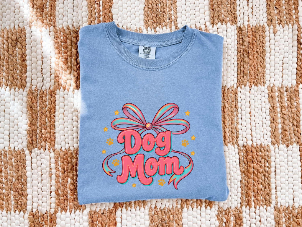 Bow Graphic Shirt Dog Mom Pet Gift Women Colorful Tee Graphic T-Shirt Dog Fan Vibrant Tshirt Animal Design Retro Paw Print Tshirt