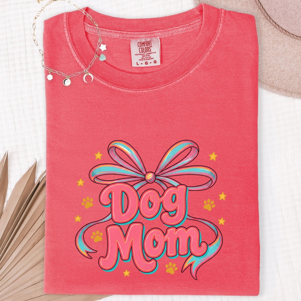 Bow Graphic Shirt Dog Mom Pet Gift Women Colorful Tee Graphic T-Shirt Dog Fan Vibrant Tshirt Animal Design Retro Paw Print Tshirt