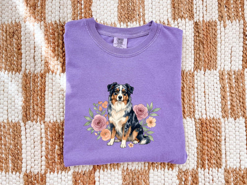 Aussie Puppy Shirt Animals & Flowers Creatures Gift Women Art Print Tee Dog T-Shirt Pet Fan Illustration Graphic Line Art Garden Roses