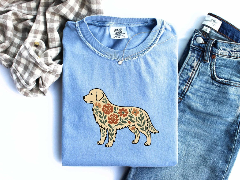Golden Retriever Shirt Dog Garden Gift Women Boho Chic Tee Retriever T-Shirt Dog Fan Canine Graphic Indigenous Blossom Tshirt