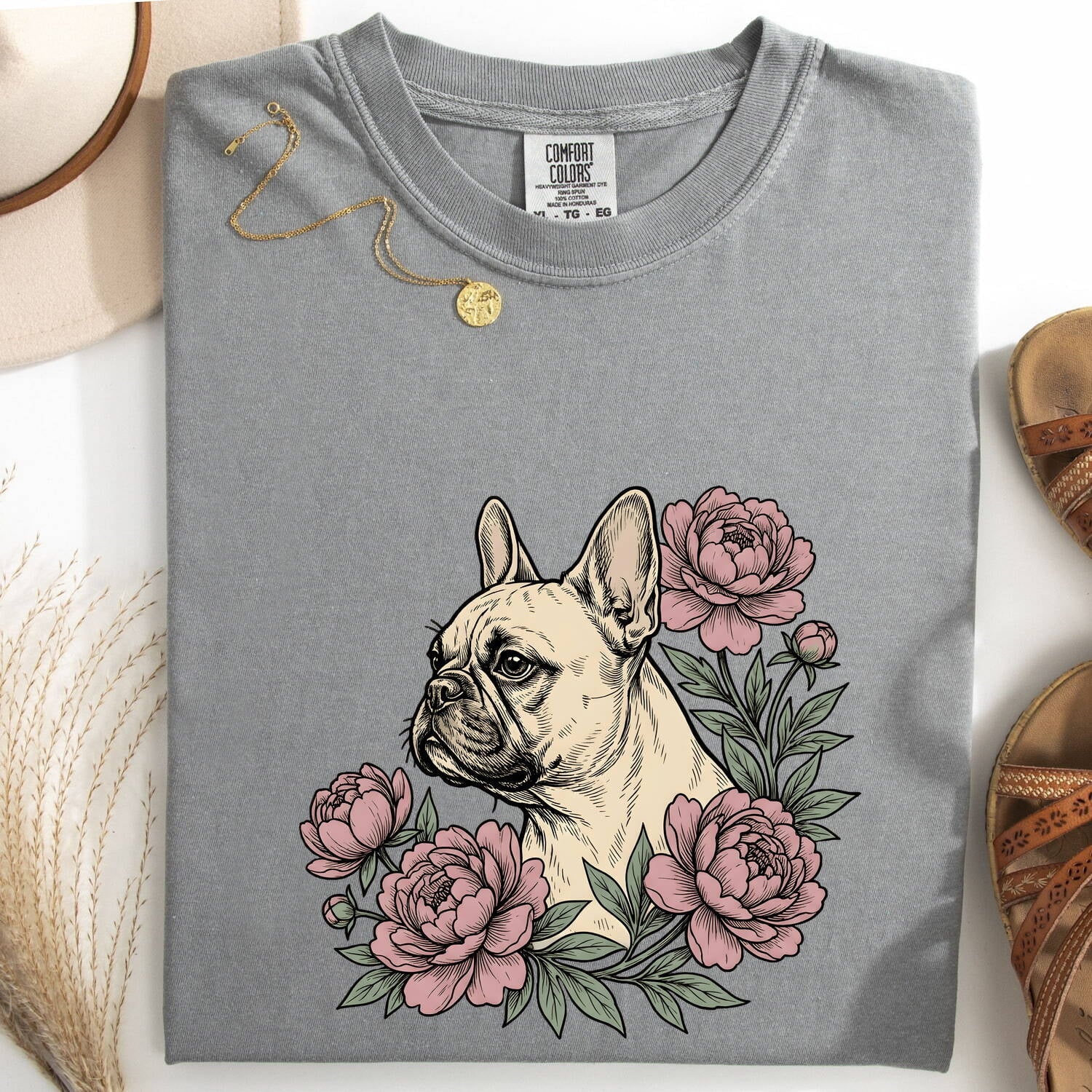 French Bulldog Shirt Dog Floral Gift Women Botanical Tee Bulldog T-Shirt Dog Fan Botanical Tshirt Floral Graphic Vintage Peonies Tshirt