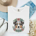Aussie Dog Shirt Dog Flower Gift Women Natural Tee Australian Shepherd T-Shirt Dog Fan Realistic Tshirt Floral Graphic Garden Cactus Plants
