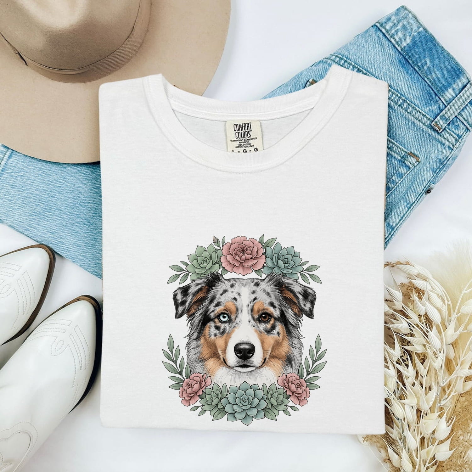 Aussie Dog Shirt Dog Flower Gift Women Natural Tee Australian Shepherd T-Shirt Dog Fan Realistic Tshirt Floral Graphic Garden Cactus Plants