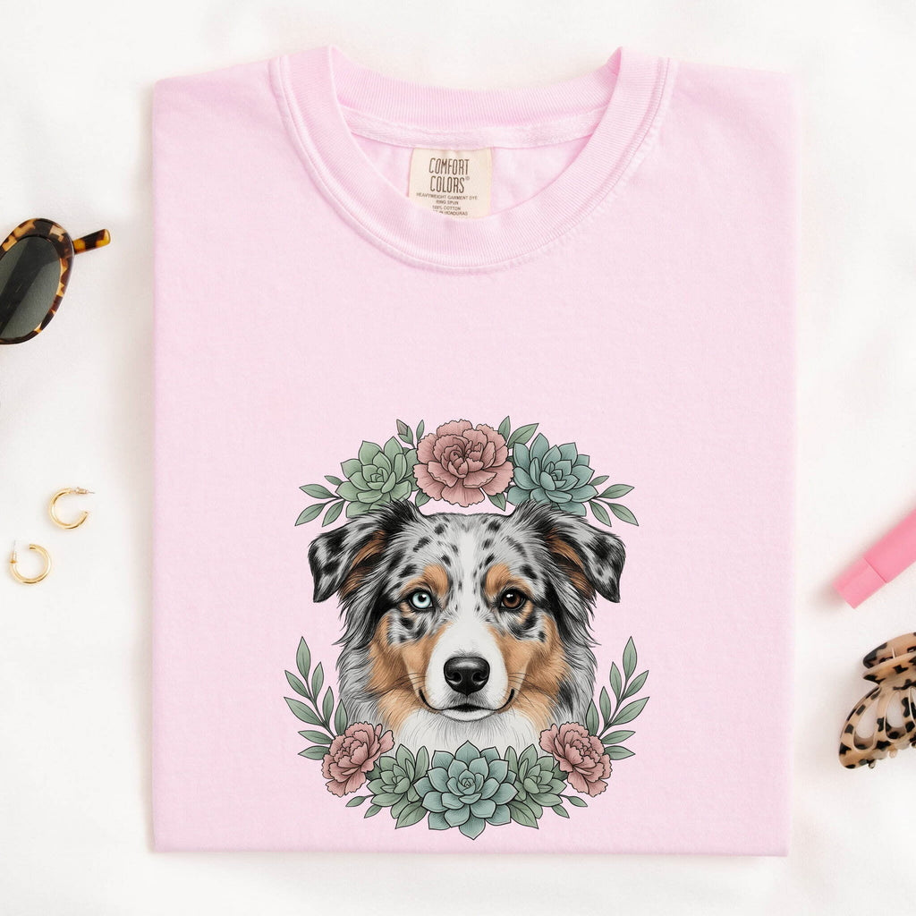 Aussie Dog Shirt Dog Flower Gift Women Natural Tee Australian Shepherd T-Shirt Dog Fan Realistic Tshirt Floral Graphic Garden Cactus Plants