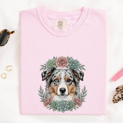 Aussie Dog Shirt Dog Flower Gift Women Natural Tee Australian Shepherd T-Shirt Dog Fan Realistic Tshirt Floral Graphic Garden Cactus Plants