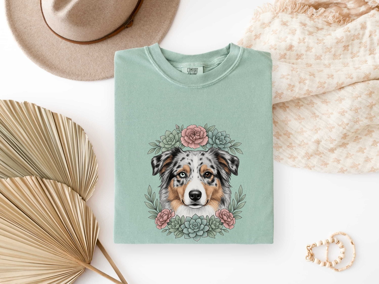 Aussie Dog Shirt Dog Flower Gift Women Natural Tee Australian Shepherd T-Shirt Dog Fan Realistic Tshirt Floral Graphic Garden Cactus Plants