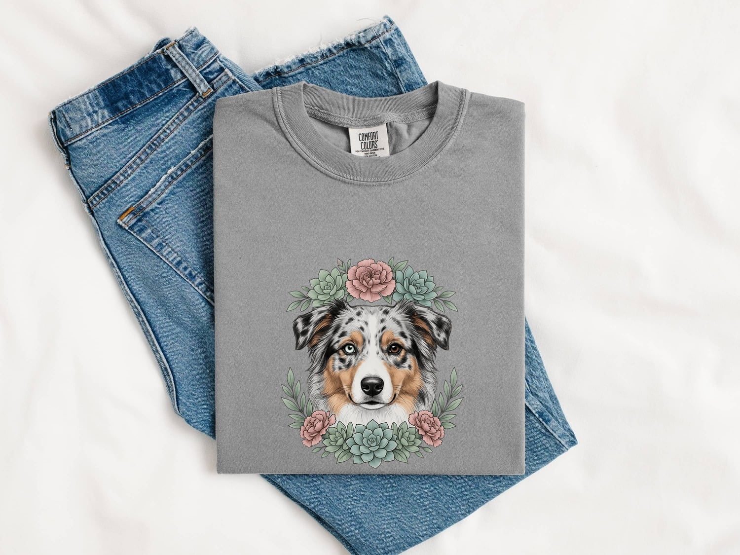 Aussie Dog Shirt Dog Flower Gift Women Natural Tee Australian Shepherd T-Shirt Dog Fan Realistic Tshirt Floral Graphic Garden Cactus Plants