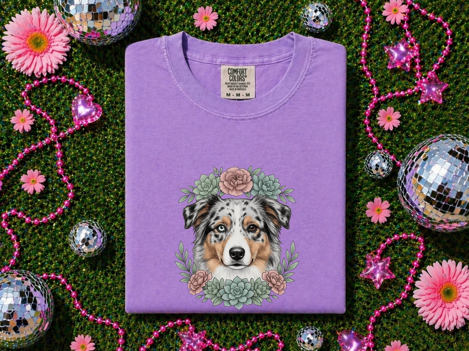 Aussie Dog Shirt Dog Flower Gift Women Natural Tee Australian Shepherd T-Shirt Dog Fan Realistic Tshirt Floral Graphic Garden Cactus Plants