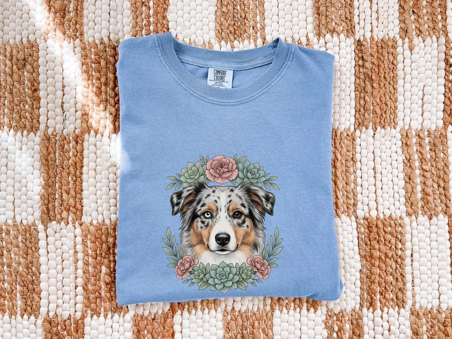 Aussie Dog Shirt Dog Flower Gift Women Natural Tee Australian Shepherd T-Shirt Dog Fan Realistic Tshirt Floral Graphic Garden Cactus Plants