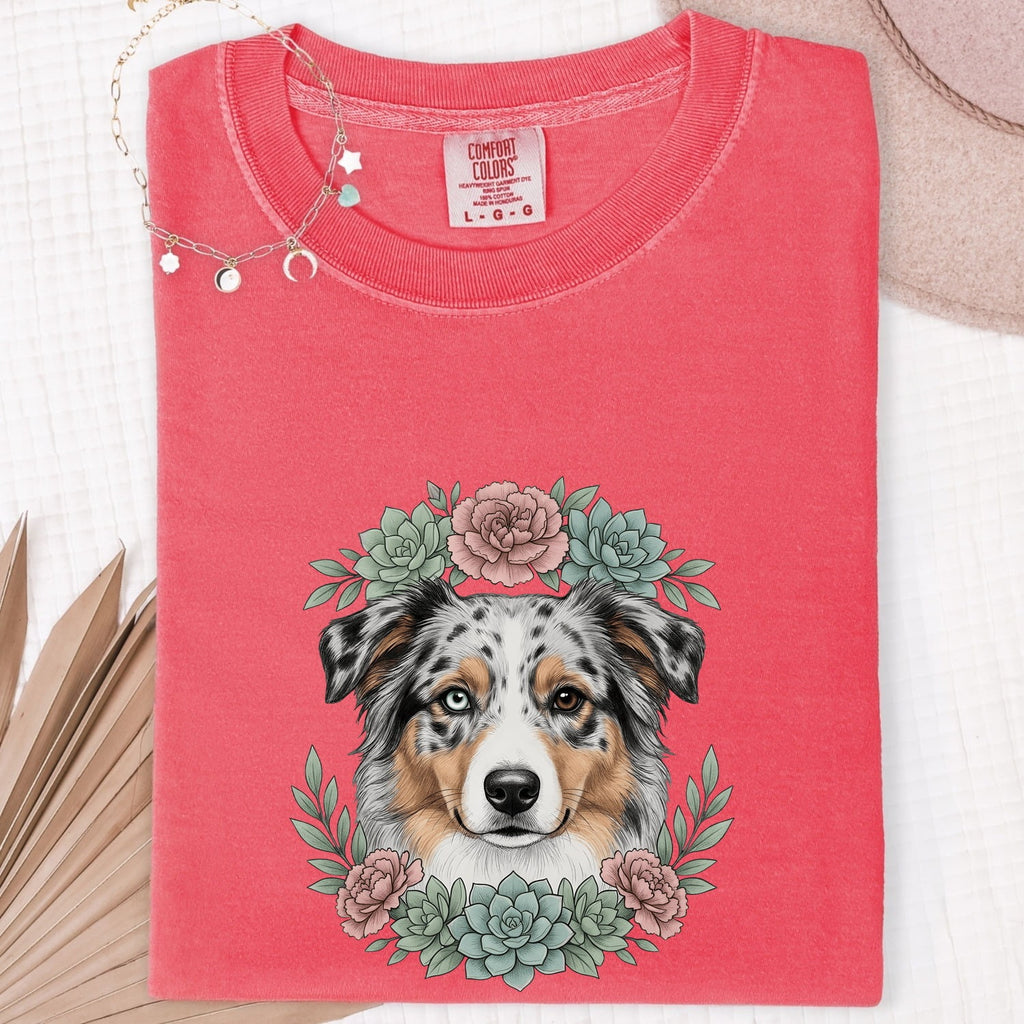 Aussie Dog Shirt Dog Flower Gift Women Natural Tee Australian Shepherd T-Shirt Dog Fan Realistic Tshirt Floral Graphic Garden Cactus Plants