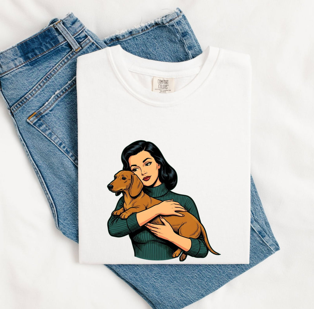 Dachshund Hug Shirt Dog Animals Gift Women Cartoon Tee Wiener Dog T-Shirt Dog Fan Doodle Graphic Tshirt Retro Girl Tshirt
