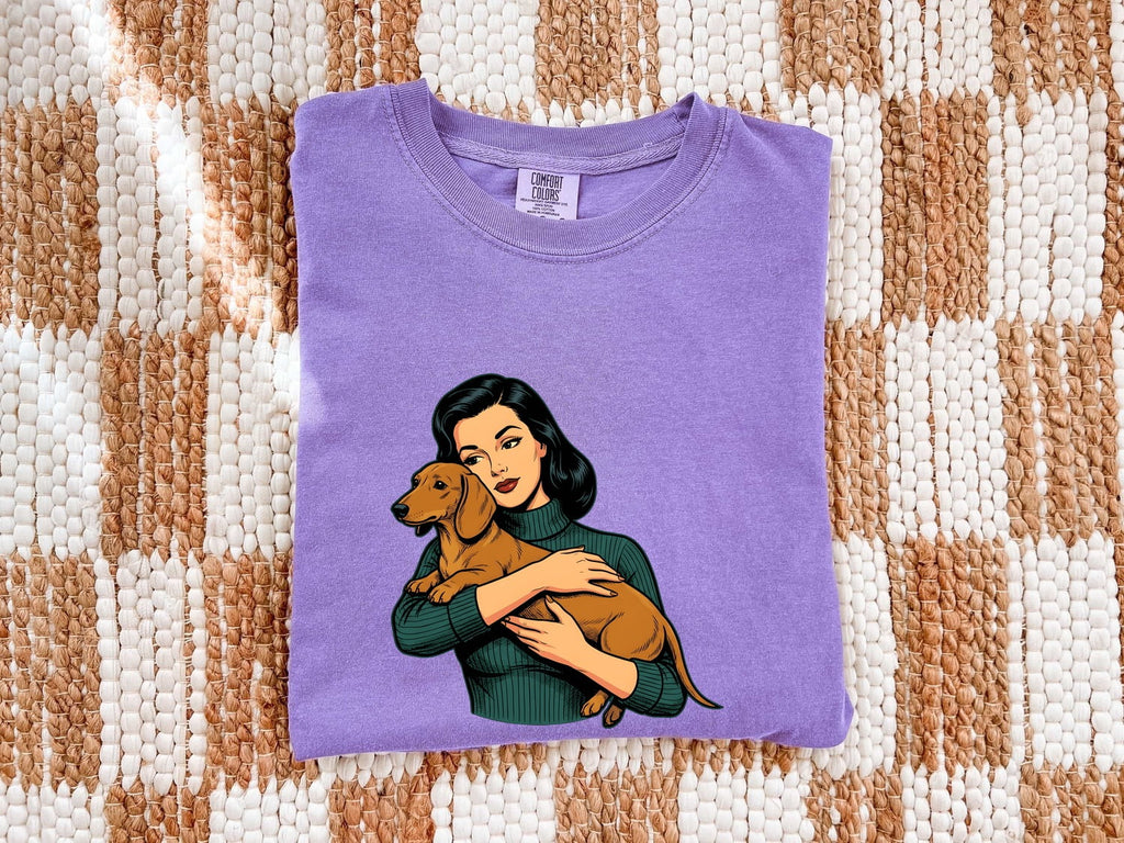 Dachshund Hug Shirt Dog Animals Gift Women Cartoon Tee Wiener Dog T-Shirt Dog Fan Doodle Graphic Tshirt Retro Girl Tshirt