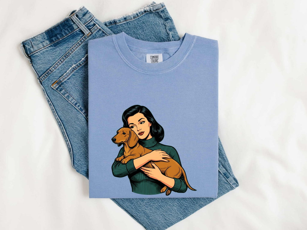 Dachshund Hug Shirt Dog Animals Gift Women Cartoon Tee Wiener Dog T-Shirt Dog Fan Doodle Graphic Tshirt Retro Girl Tshirt