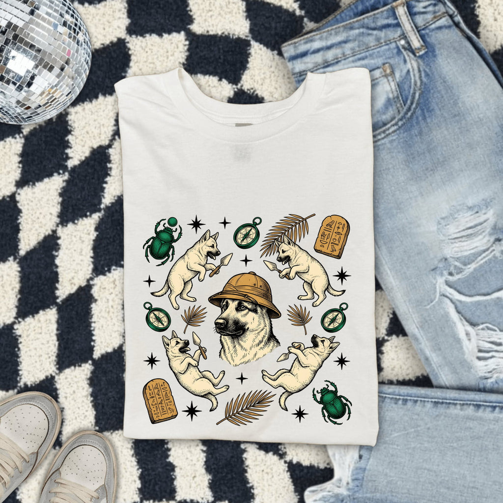 German Shepherd Shirt Dog Journey Gift Women Sketch Tee Alsatian T-Shirt Dog Fan Drawing Graphic Adventure Cartoon Old Compass Tshirt