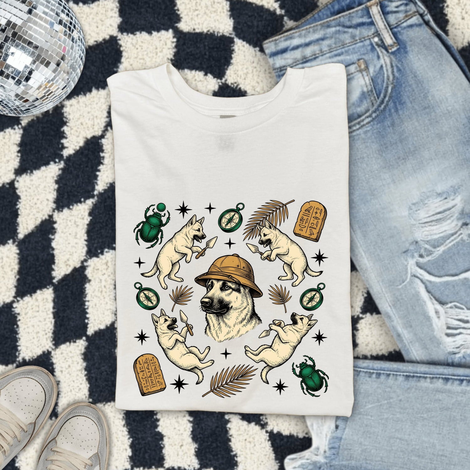 German Shepherd Shirt Dog Journey Gift Women Sketch Tee Alsatian T-Shirt Dog Fan Drawing Graphic Adventure Cartoon Old Compass Tshirt