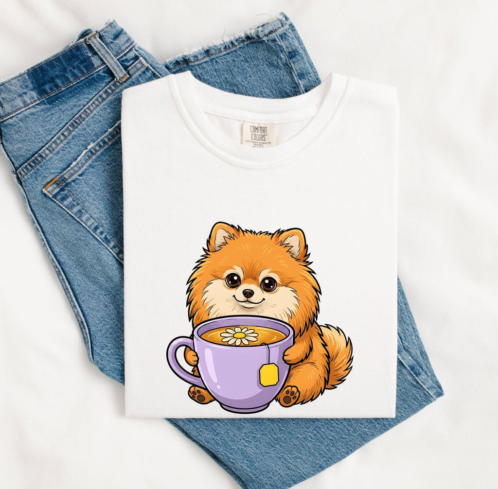 Pomeranian Puppy Shirt Dog Beverage Gift Women Kawaii Tee Puppy T-Shirt Dog Fan Pup Cartoon Tshirt Coffee Graphic Comic Teacup Tshirt