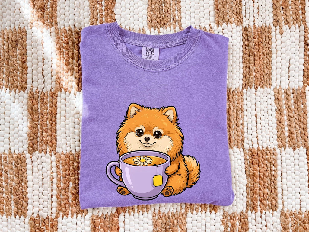 Pomeranian Puppy Shirt Dog Beverage Gift Women Kawaii Tee Puppy T-Shirt Dog Fan Pup Cartoon Tshirt Coffee Graphic Comic Teacup Tshirt