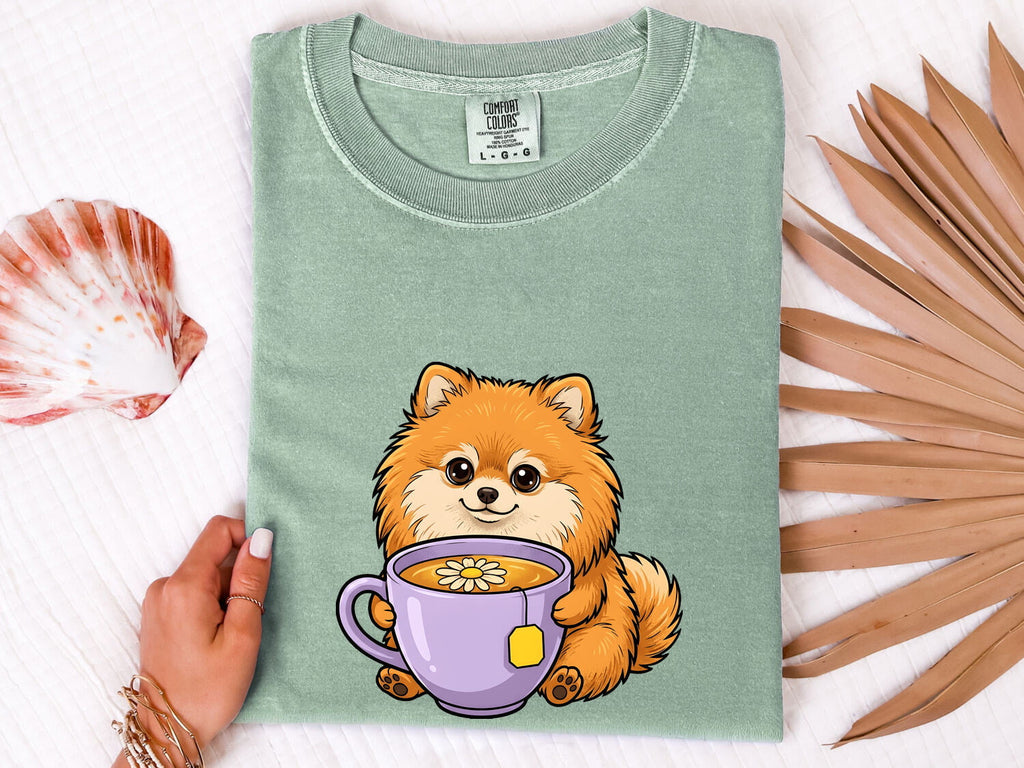 Pomeranian Puppy Shirt Dog Beverage Gift Women Kawaii Tee Puppy T-Shirt Dog Fan Pup Cartoon Tshirt Coffee Graphic Comic Teacup Tshirt