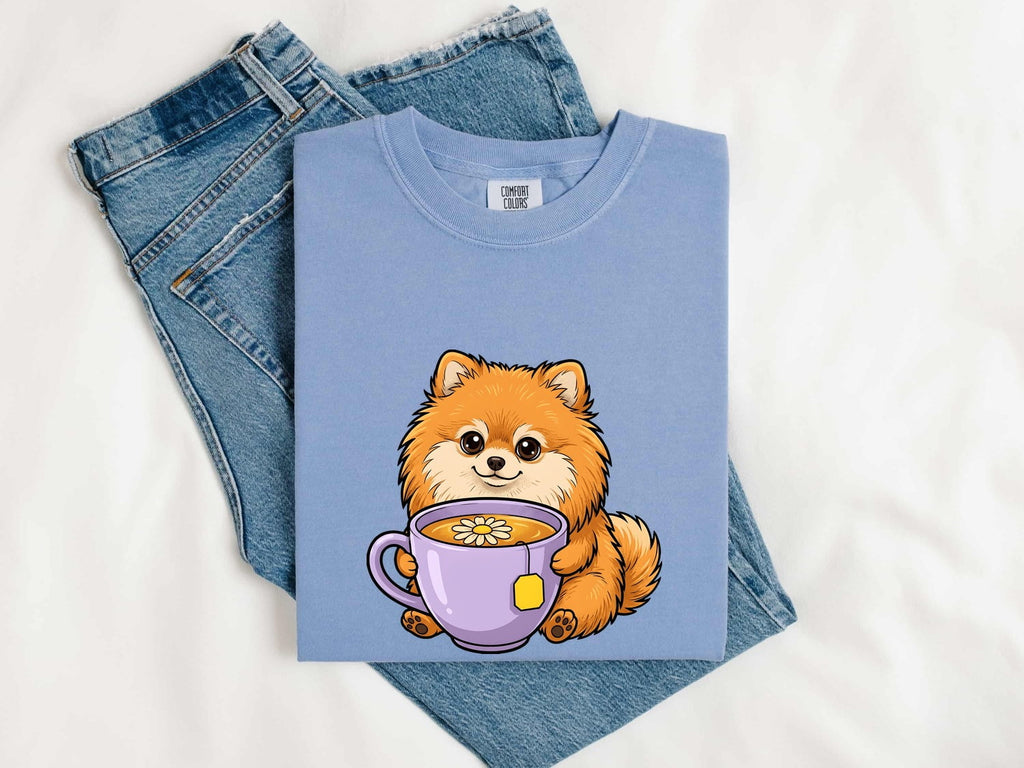 Pomeranian Puppy Shirt Dog Beverage Gift Women Kawaii Tee Puppy T-Shirt Dog Fan Pup Cartoon Tshirt Coffee Graphic Comic Teacup Tshirt