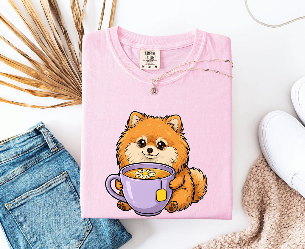 Pomeranian Puppy Shirt Dog Beverage Gift Women Kawaii Tee Puppy T-Shirt Dog Fan Pup Cartoon Tshirt Coffee Graphic Comic Teacup Tshirt