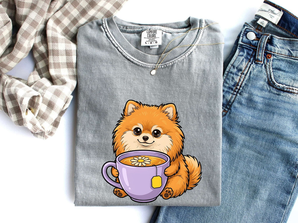 Pomeranian Puppy Shirt Dog Beverage Gift Women Kawaii Tee Puppy T-Shirt Dog Fan Pup Cartoon Tshirt Coffee Graphic Comic Teacup Tshirt