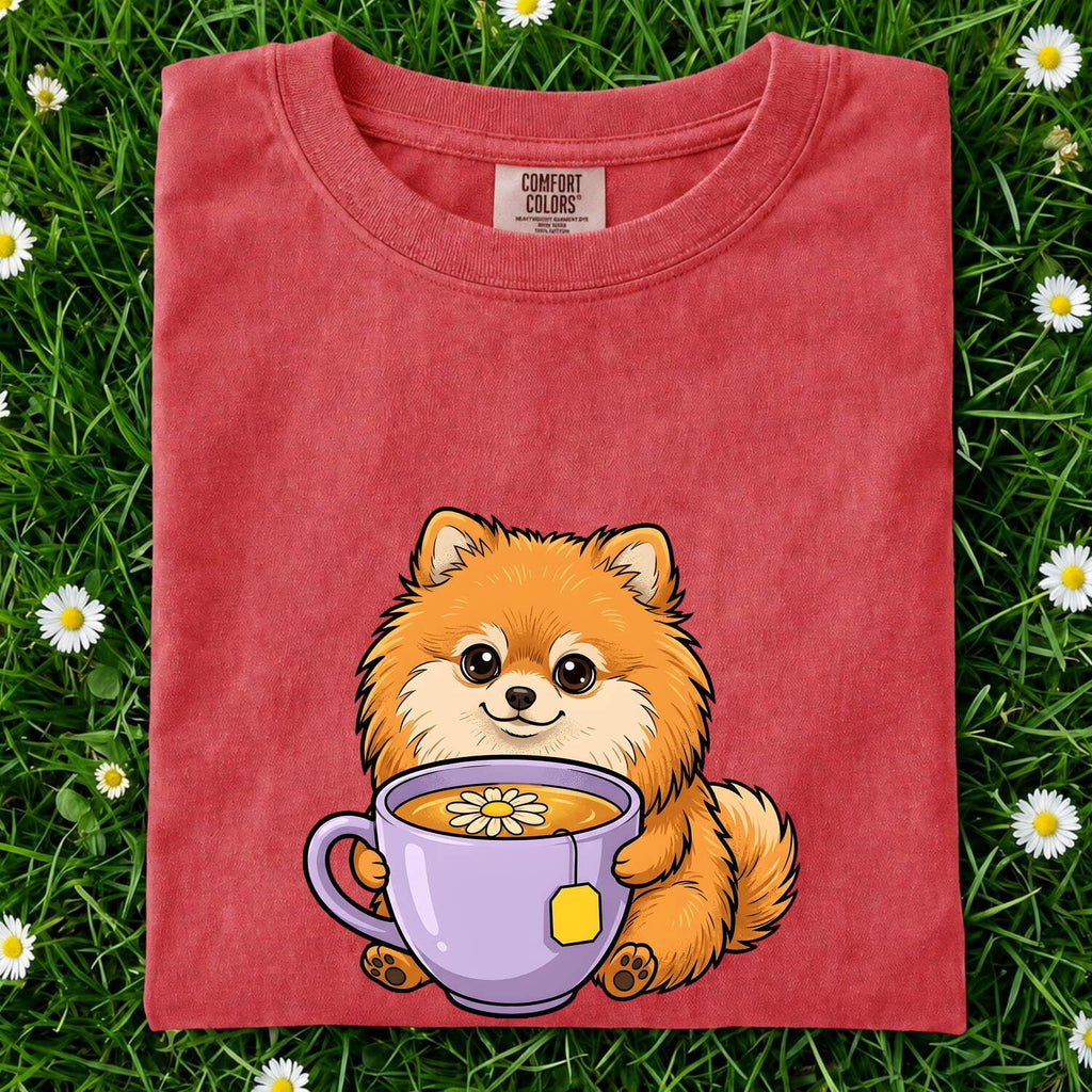 Pomeranian Puppy Shirt Dog Beverage Gift Women Kawaii Tee Puppy T-Shirt Dog Fan Pup Cartoon Tshirt Coffee Graphic Comic Teacup Tshirt