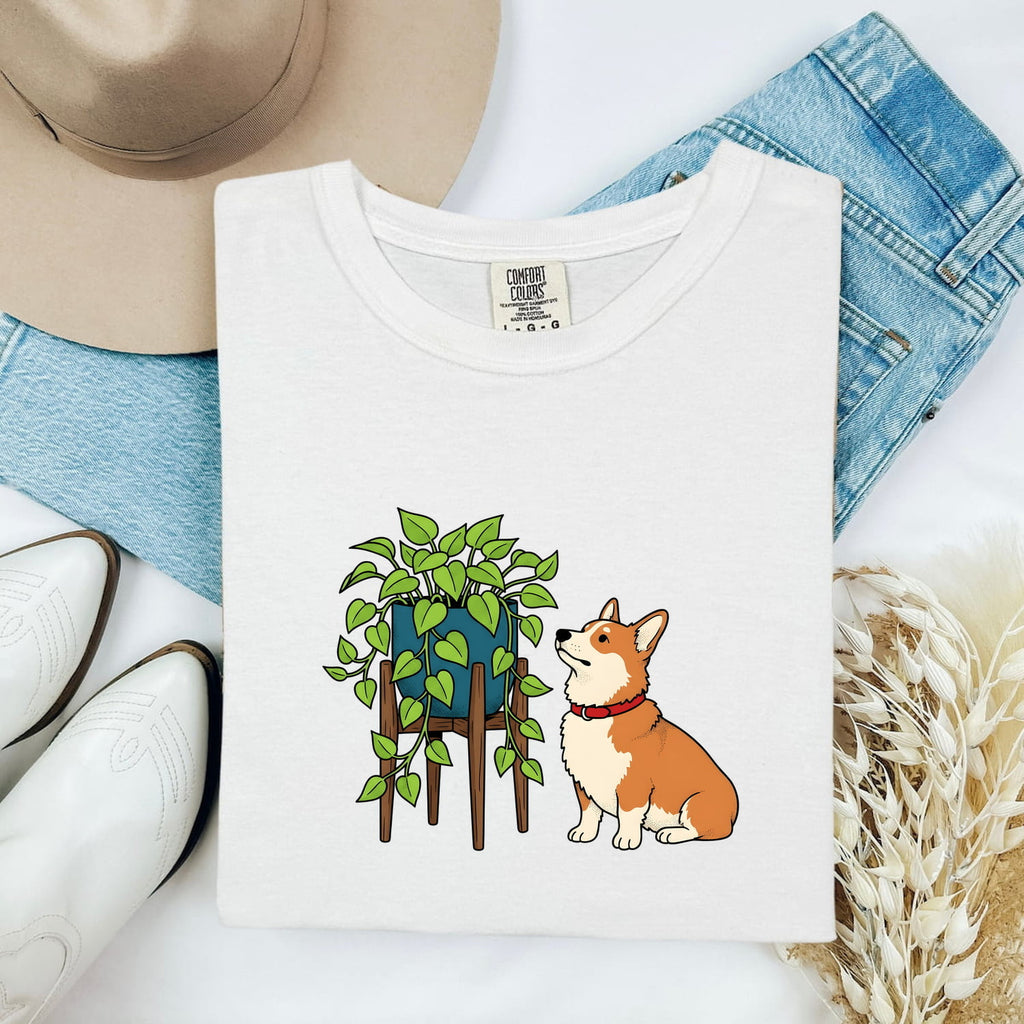 Corgi Dog Shirt Dog Plant Gift Women Cartoon Tee Puppy T-Shirt Dog Fan Cartoony Tshirt Botanical Graphic Hand Drawn Houseplant Tshirt