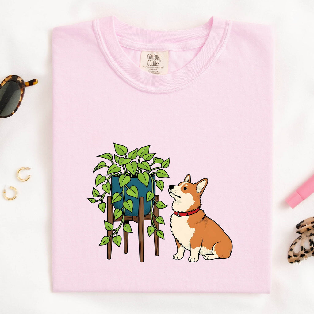 Corgi Dog Shirt Dog Plant Gift Women Cartoon Tee Puppy T-Shirt Dog Fan Cartoony Tshirt Botanical Graphic Hand Drawn Houseplant Tshirt