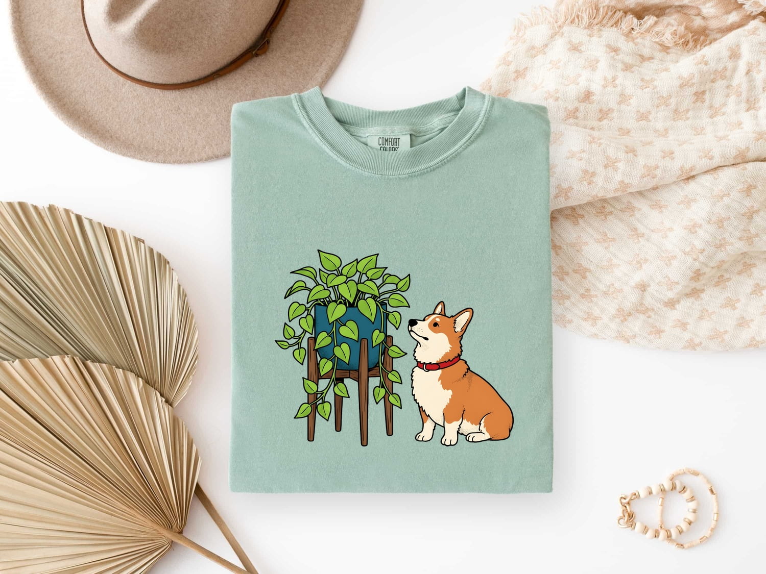 Corgi Dog Shirt Dog Plant Gift Women Cartoon Tee Puppy T-Shirt Dog Fan Cartoony Tshirt Botanical Graphic Hand Drawn Houseplant Tshirt
