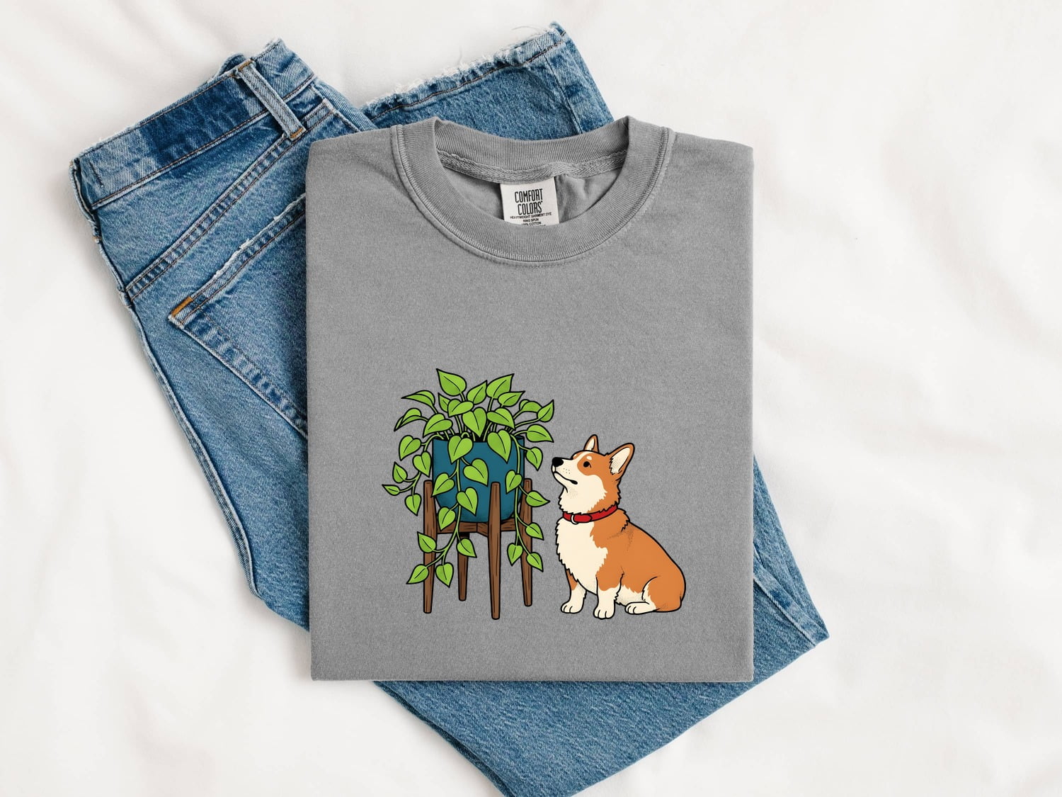 Corgi Dog Shirt Dog Plant Gift Women Cartoon Tee Puppy T-Shirt Dog Fan Cartoony Tshirt Botanical Graphic Hand Drawn Houseplant Tshirt
