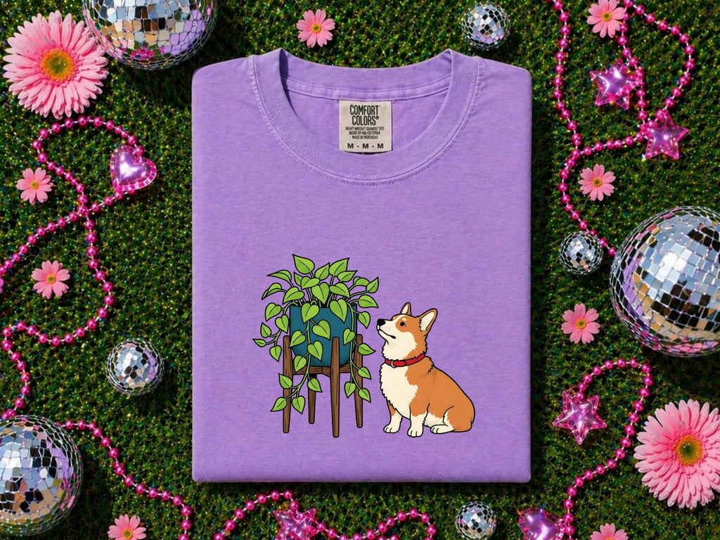 Corgi Dog Shirt Dog Plant Gift Women Cartoon Tee Puppy T-Shirt Dog Fan Cartoony Tshirt Botanical Graphic Hand Drawn Houseplant Tshirt