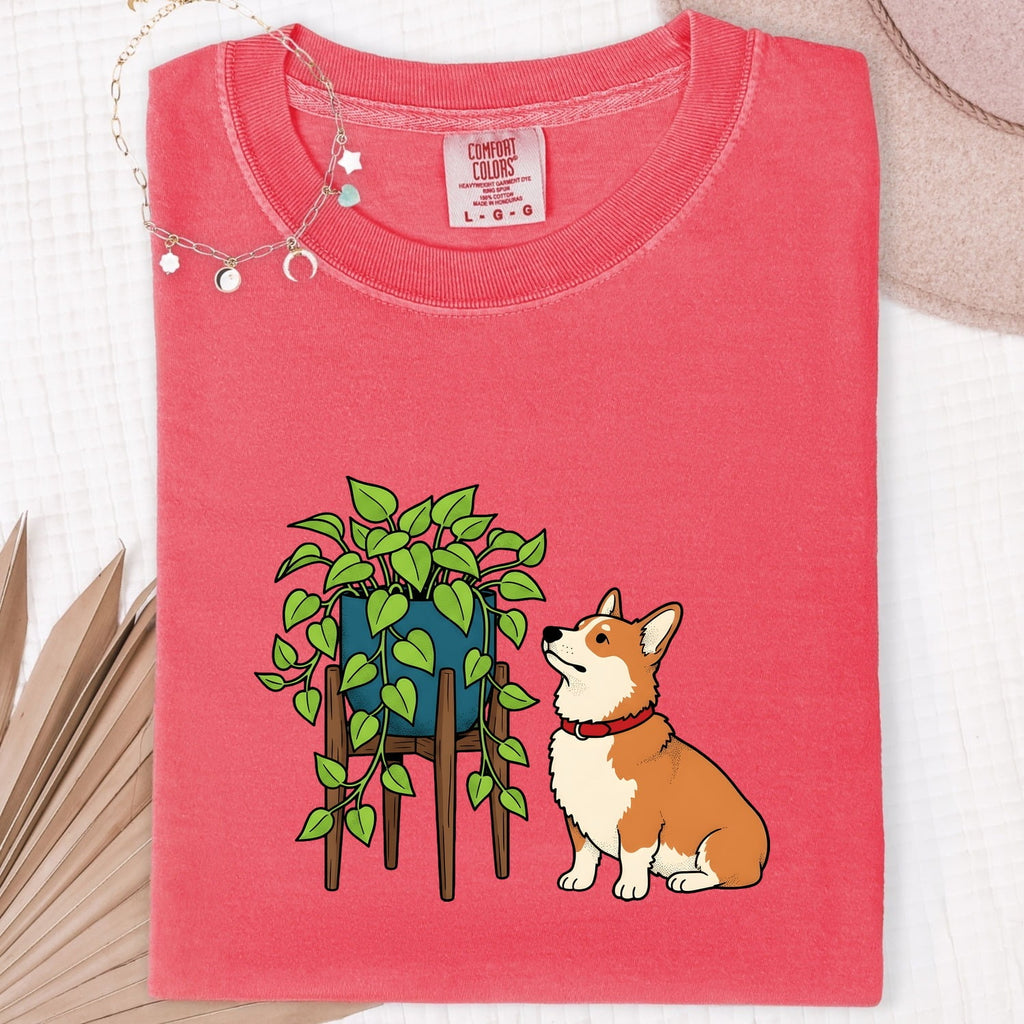 Corgi Dog Shirt Dog Plant Gift Women Cartoon Tee Puppy T-Shirt Dog Fan Cartoony Tshirt Botanical Graphic Hand Drawn Houseplant Tshirt