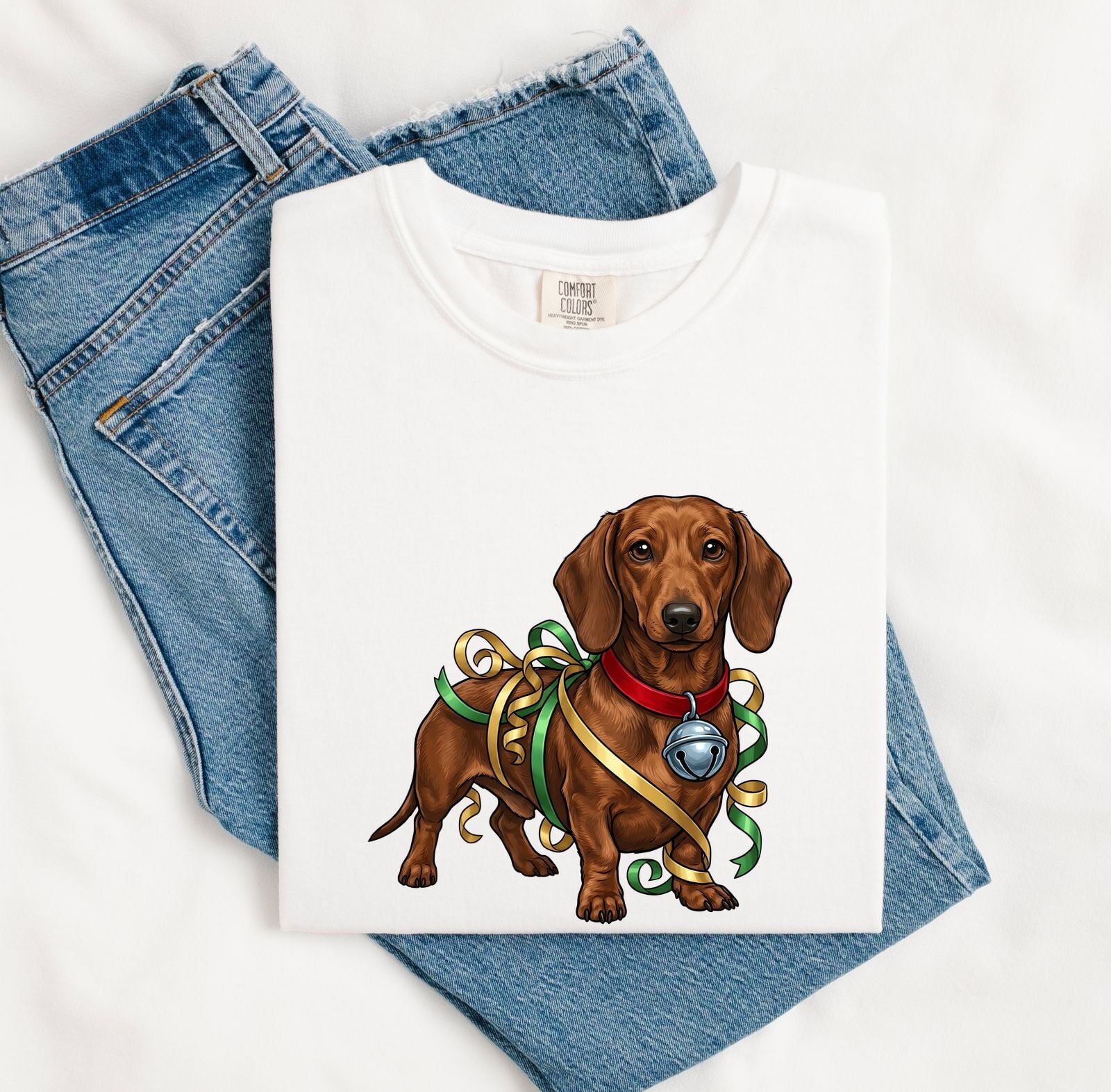 Dachshund Dog Shirt Dog Christmas Gift Women Cartoon Tee Wiener Dog T-Shirt Dog Fan Toon Tshirt Holiday Graphic Vintage Ribbon Tshirt