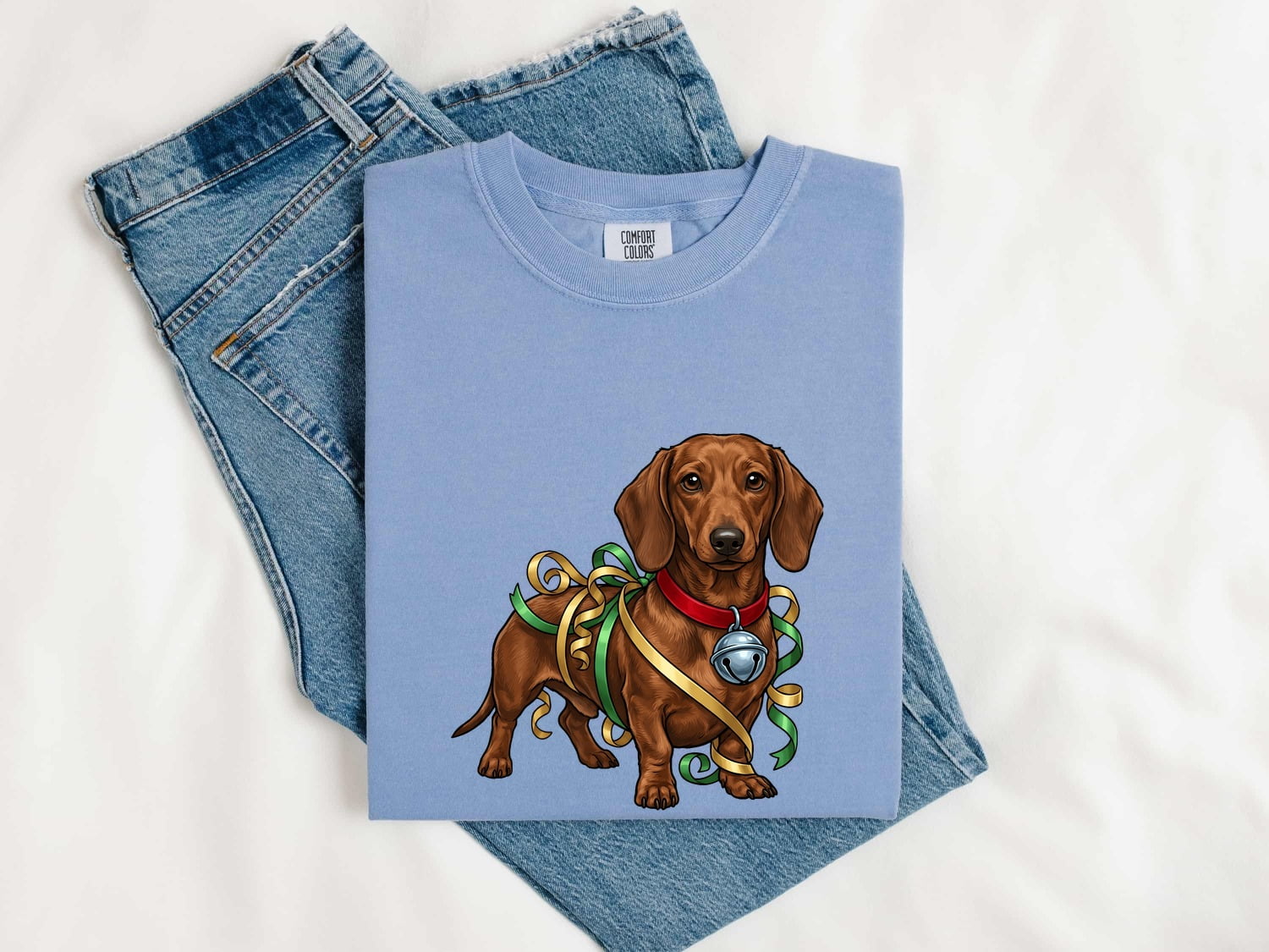 Dachshund Dog Shirt Dog Christmas Gift Women Cartoon Tee Wiener Dog T-Shirt Dog Fan Toon Tshirt Holiday Graphic Vintage Ribbon Tshirt