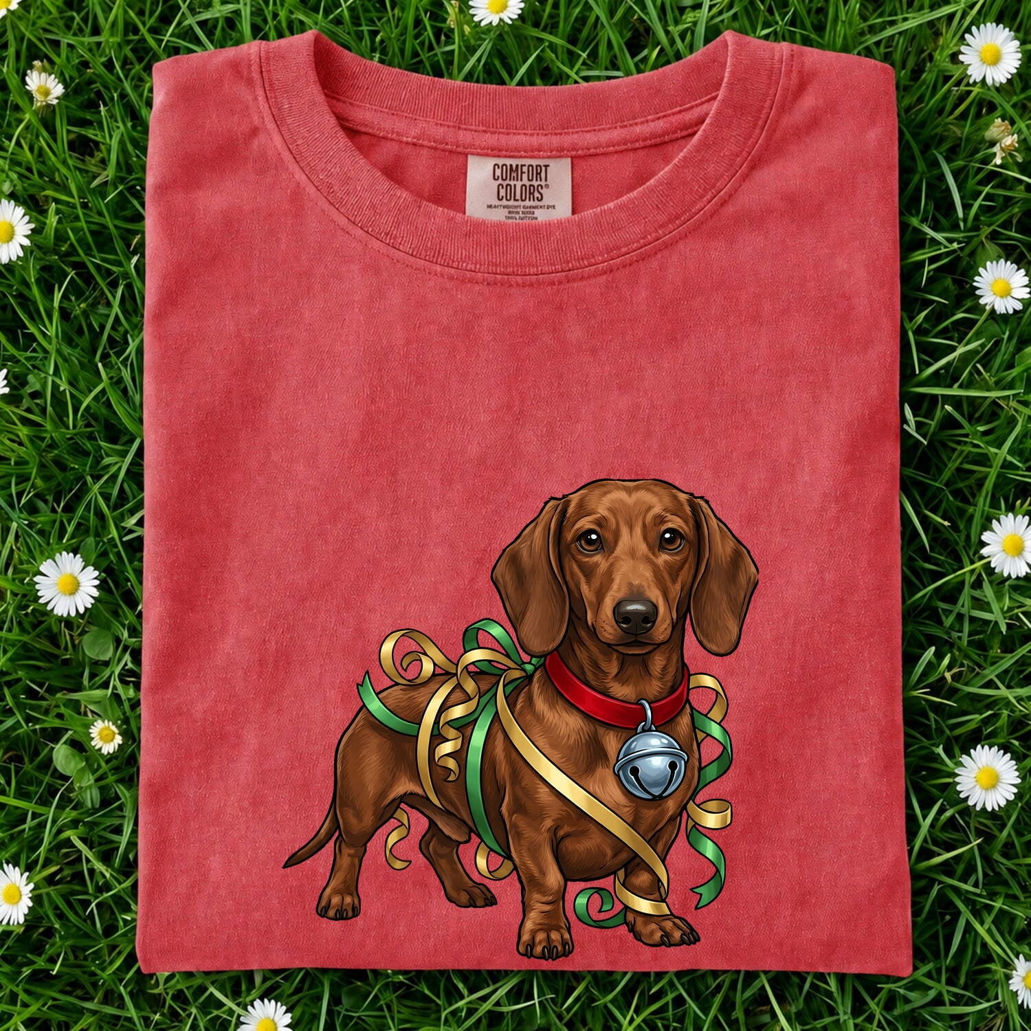 Dachshund Dog Shirt Dog Christmas Gift Women Cartoon Tee Wiener Dog T-Shirt Dog Fan Toon Tshirt Holiday Graphic Vintage Ribbon Tshirt