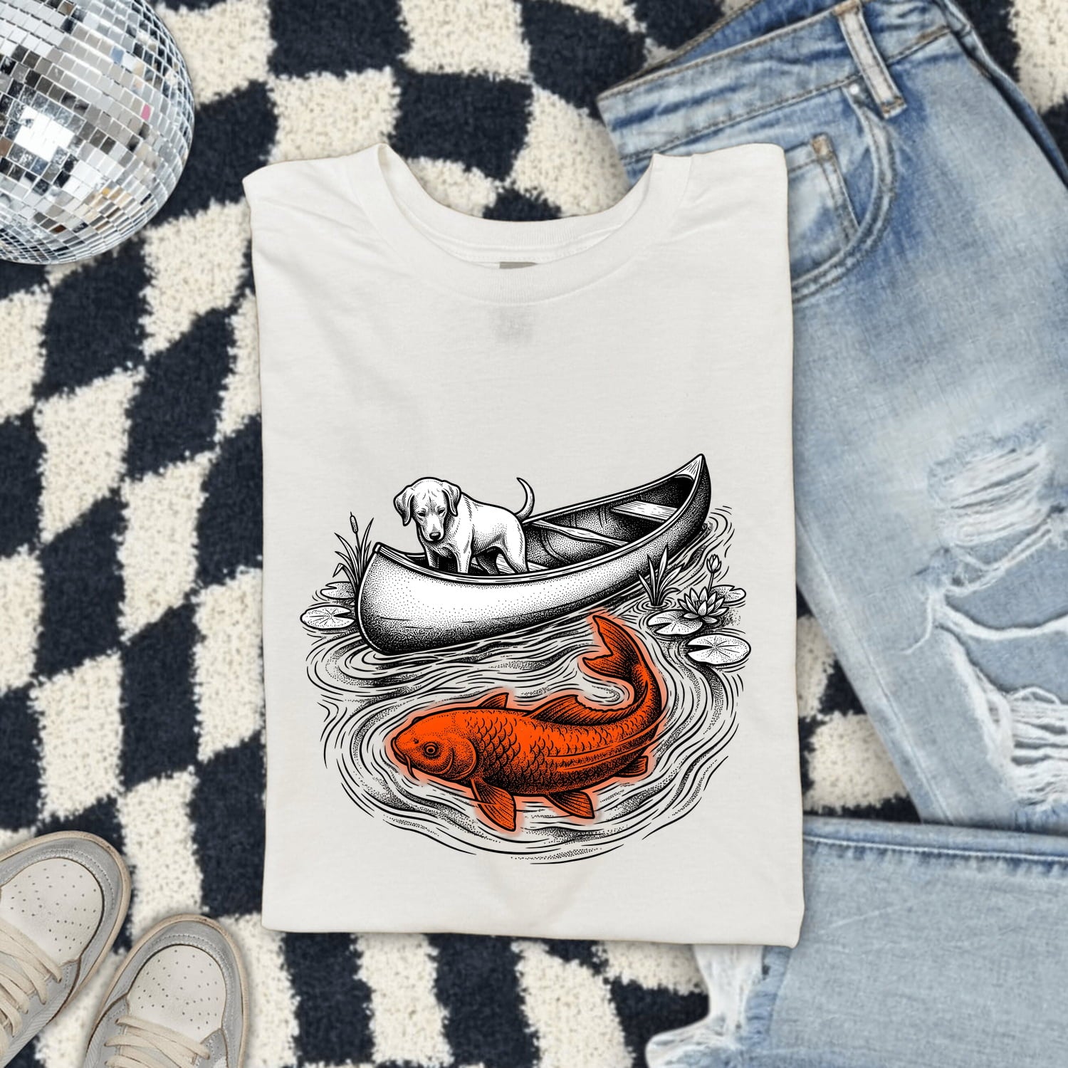 Dog Canoe Shirt Dog Outdoors Gift Women Vintage Tee Canoe T-Shirt Dog Fan Retro Tshirt Adventure Graphic Hand Drawn Koi Fish Tshirt